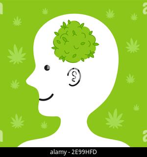 Tête humaine mignonne avec un bourgeon de marijuana à l'intérieur. Icône d'illustration de personnage de dessin animé vectoriel. Marijuana médicale, concept de mauvaises herbes Illustration de Vecteur