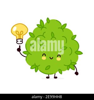 Adorable bourgeons de mauvaises herbes de marijuana drôle avec ampoule d'idée. Icône d'illustration de personnage de dessin animé kawaii à lignes planes vectorielles. Isolé sur fond blanc. Concept de mascotte de personnage de visage de mauvaises herbes Illustration de Vecteur