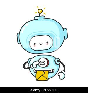 Drôle robot mignon, chat bot imprime la lettre. Icône d'illustration de personnage de dessin animé kawaii à lignes planes vectorielles. Isolé sur fond blanc. Robot, robot mascotte concept de personnage Illustration de Vecteur