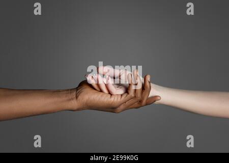 Couple interracial tenant les mains sur fond gris. Banque D'Images