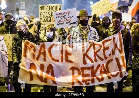 Cracovie, petite Pologne, Pologne. 29 janvier 2021. Les manifestants ont une bannière disant « vous avez du sang sur vos mains » pendant les manifestations.après le verdict de la Cour constitutionnelle polonaise, entré en vigueur le 27 janvier, pour mettre en œuvre l'une des lois anti-avortement les plus restrictives d'Europe, des centaines de Polonais ont envahi les rues dans toutes les grandes villes. Des manifestations ont été organisées par la grève des femmes. Credit: Filip Radwanski/SOPA Images/ZUMA Wire/Alay Live News Banque D'Images