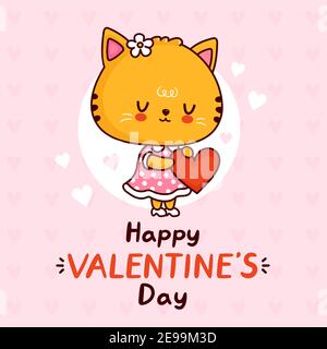 Joli chat en robe avec coeur. Carte de bonne Saint Valentin. Icône d'illustration de personnage de dessin animé kawaii à lignes planes vectorielles. Concept cadeau de la Saint-Valentin Kitty Illustration de Vecteur