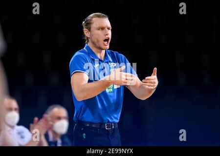 Karlsruhe, Allemagne. 03ème fév. 2021. Entraîneur Samuel Tucker DeVoe (Lions) gestes. GES/Basketball/ProA: PSK Lions - Uni paniers Paderborn, 03.02.2021 - | usage dans le monde crédit: dpa/Alay Live News Banque D'Images