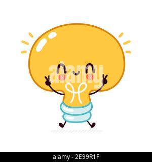 Joli drôle ampoule, personnage de lampe. Icône d'illustration de personnage de dessin animé kawaii à lignes planes vectorielles. Isolé sur fond blanc. Concept de mascotte d'ampoule avec personnage de visage Illustration de Vecteur