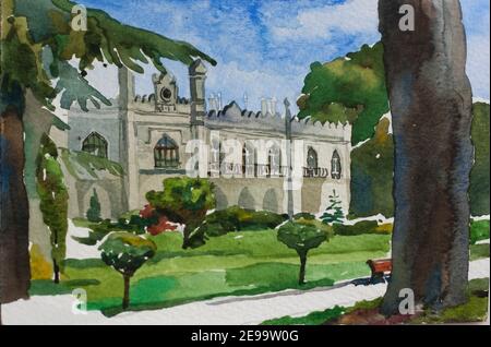 Palais du prince Dadiani dans la ville de Zugdidi, paysage de peinture d'origine aquarelle sur papier, carte postale de peinture à la main smal aceo, vue à travers les arbres Banque D'Images