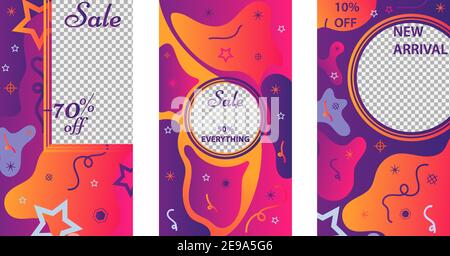 Modèle de vente de l'article promotionnel. Pack de bandeaux sociaux. Mise en page Insta Media Store pour l'offre Shop faites glisser vers le haut. Dessin de dessin de dessin animé à la forme plate et liquide avec Photography Spa Illustration de Vecteur