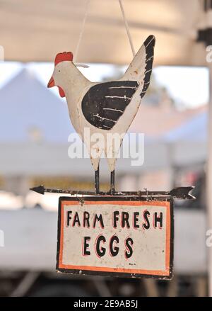 Ferme des œufs frais accrochant le panneau de poule de poulet sous une tente de stand de marché à un marché de fermiers en plein air à Santa Barbara, Californie, États-Unis Banque D'Images