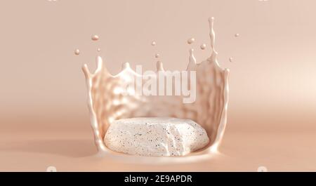 Pierre podim avec éclaboussures de crème liquide beige. Flux de crème liquide pour vitrine de cosmétiques. maquette de podium de rendu 3d. Banque D'Images