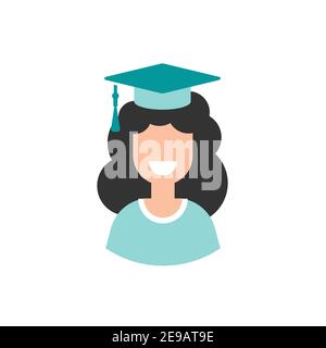 avatar de fille souriante. femme mignonne souriante avec cheveux noirs et capuchon de plateau de mortier sur la tête. icône plate sur fond blanc. étudiant, diplômé, charact senior Illustration de Vecteur