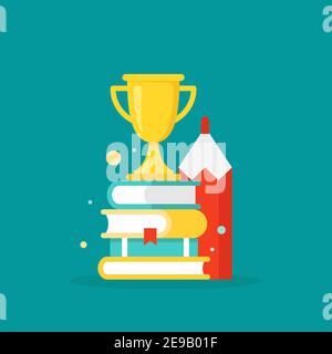 pile de livres, crayon et trophée d'or ou tasse gagnante. Isolé sur fond bleu poudre. Icône de lecture à plat. Illustration vectorielle. Logo Education. Kno Illustration de Vecteur