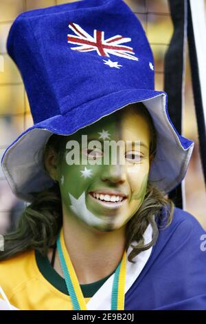 Fan de l'Australie lors de la coupe du monde 2006, deuxième tour, Australie contre Italie au Fritz-Walter-Stadion à Kaiserslautern, Allemagne, le 26 juin 2006. L'Italie a gagné 1-0 sur un coup de pénalité de dernière minute. Photo de Christian Liewig/ABACAPRESS.COM Banque D'Images