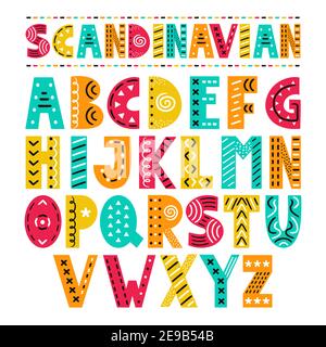 Alphabet scandinave ABC. Icône d'illustration de dessin animé plat simple vectoriel. Isolé sur fond blanc. Affiche de pépinière dessinée à la main avec des lettres dessinées à la main de style scandinave. Illustration de Vecteur