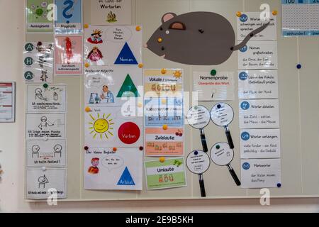 Tableau d'apprentissage dans une école primaire, grammaire, école moderne équipée, nouveau bâtiment, vide, pendant le confinement en janvier 2021, les élèves apprennent surtout à Banque D'Images