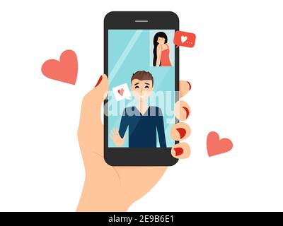 Les amoureux ont des rencontres en ligne, chat vidéo sur smartphone. Illustration vectorielle. Illustration de Vecteur