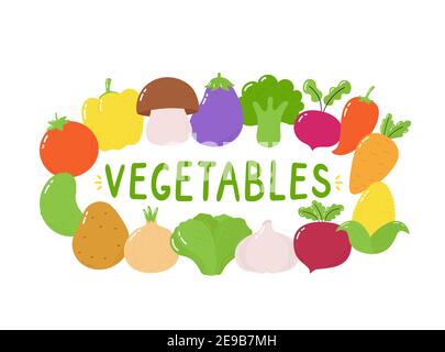 Jeu d'illustrations de légumes. Isolé sur fond blanc. Dessin animé vectoriel, style plat simple. Concept de bannière de légumes drôle Illustration de Vecteur