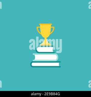 pile de livres avec trophée d'or ou coupe gagnante isolée sur bleu. Fond horizontal de lecture à plat. Illustration vectorielle. Éducation, diplôme. Acade Illustration de Vecteur