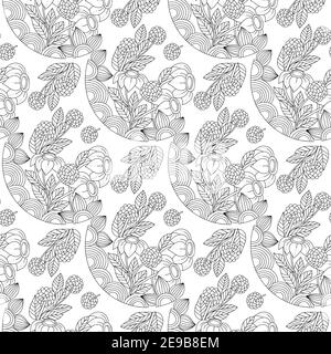 Motif fleuri monochrome sans couture pour livre de coloriage pour adultes. Contour floral noir et blanc. Illustration d'esquisse vectorielle, style dessiné à la main. Illustration de Vecteur