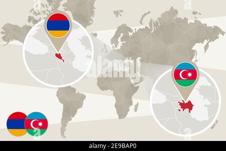 Carte du monde zoom sur Azerbaïdjan, Arménie. Conflit, guerre du Haut-Karabakh. Carte de l'Azerbaïdjan avec drapeau. Arménie carte avec drapeau. Illustration vectorielle. Illustration de Vecteur