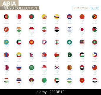 Collection Asia Flags. Grand jeu de punaise bleue avec drapeaux des pays asiatiques. Illustration vectorielle. Illustration de Vecteur