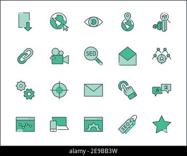Ensemble d'icônes de ligne vectorielle liées à SEO. Contient des symboles tels que l'icône Web, l'œil, la localisation, le lien, le trafic, la translation, le suivi des performances, le point et Illustration de Vecteur