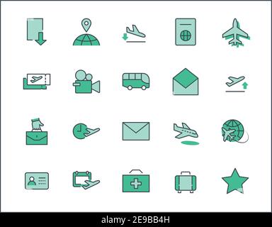 Ensemble D'Icônes De Ligne Vectorielle Liées À Airport. Contient des icônes telles que Globe, Departure, avion, bus, billets, réclamation de bagages, Calendrier, Kit et plus encore Illustration de Vecteur