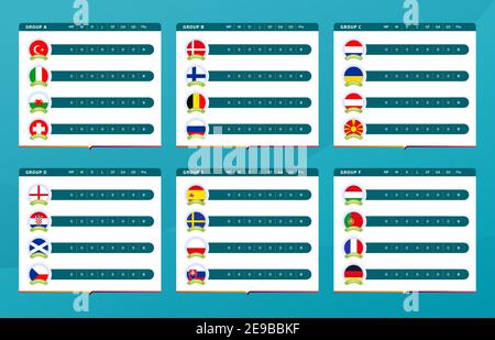 Les groupes de finale de tournoi de football 2020 ont un tableau de scores ou des modèles de tableaux de bord illustration de stock vectoriel. Tournoi européen de football 2020 avec backg Illustration de Vecteur