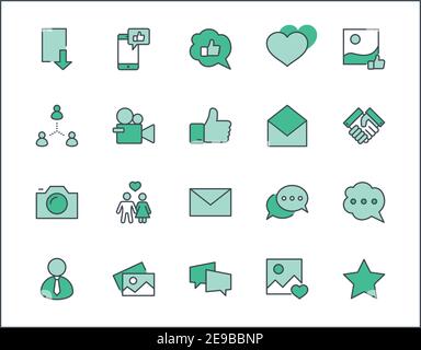 Ensemble d'icônes de ligne vectorielle liées aux réseaux sociaux. Contient des icônes telles que la page de profil, la notation, les liens sociaux et plus encore. Contour modifiable. 32 x 32 pixels par Illustration de Vecteur