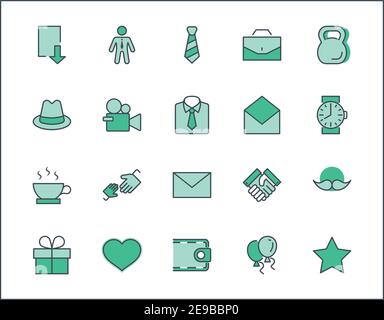 Icônes Vectorielles De L'Ensemble De Lignes De La Journée Du Père. Contient des icônes telles que la moustache, la cravate, la chemise, la poignée de main, le diplomate, le chapeau, le café, le sac à main, le cadeau, le portefeuille et plus encore. Ed Illustration de Vecteur