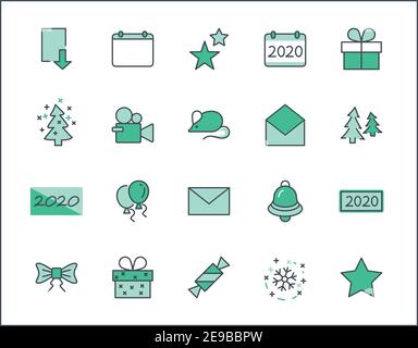 Bonne année cochons. Définir l'icône de ligne vectorielle. Contient des icônes telles que Pig, arbre de Noël, Calendrier 2019, Bow, ballons, Bell, Candy, boîte cadeau, Stars Illustration de Vecteur