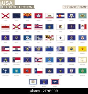 Timbre-poste avec drapeaux de l'État des États-Unis. Ensemble de 51 États américains. Illustration vectorielle. Illustration de Vecteur