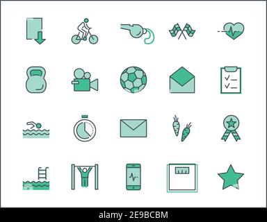 Ensemble D'Icônes De Ligne Vectorielle Fitness. Contient Des Icônes Telles Que Cyclisme, Kettlebell Sport, Ballon De Football, Heartbeat, Entraînement, Stopwatch, Timer, Plan De Régime, Spor Illustration de Vecteur