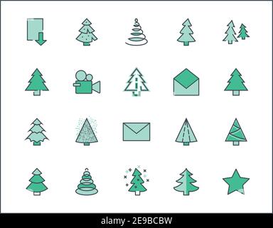 Ensemble d'icônes à lignes fines de sapin de Noël. Icônes linéaires stylisées de neige artificielle, d'épinette, de sapin de boîte. Contour modifiable. 32x32 Pixel Perfect. Illustration de Vecteur