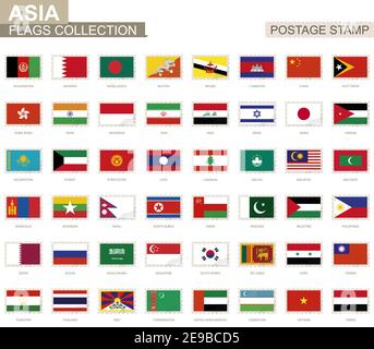 Timbre-poste avec drapeaux asiatiques. Ensemble de 48 drapeaux asiatiques. Illustration vectorielle. Illustration de Vecteur