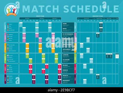 Finale du tournoi de football 2020 Calendrier de match, modèle pour le web, l'impression, la table de résultats de football, drapeaux des pays européens de football championshi Illustration de Vecteur