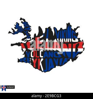 Carte typographique silhouette de l'Islande en noir et couleurs drapeau. Illustration vectorielle. Illustration de Vecteur