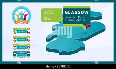 Carte isométrique du pays de l'Ecosse marquée dans le stade de Glasgow qui sera tenue football matchs illustration vectorielle. Finale du tournoi football 2020 Illustration de Vecteur