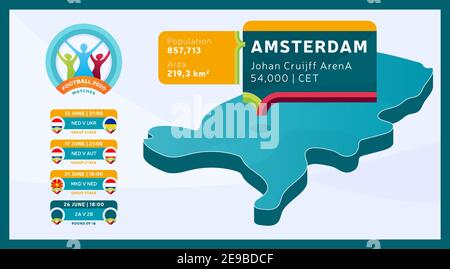 Isométrique Pays-Bas carte de pays marqué dans le stade d'Amsterdam qui sera tenu football matchs illustration vectorielle. Finale du tournoi football 2020 Illustration de Vecteur