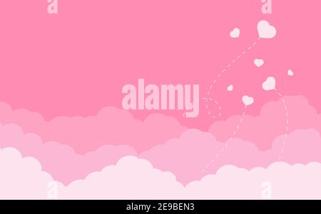 Nuages roses avec coeurs volants paysage arrière-plan pour la Saint Valentin. Bordure de style ciel rose plate et effet superposé. Panorama romantique avec place pour le texte pour la bannière, l'affiche. Illustration vectorielle Illustration de Vecteur