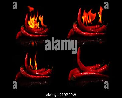 piments forts avec feu sur fond sombre Banque D'Images