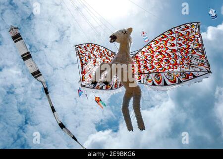 Divers cerfs-volants, dont un cheval volant, naviguent au-dessus de la plage de Negombo pendant le festival annuel de cerfs-volants à Negombo, sur la côte ouest du Sri Lanka. Banque D'Images