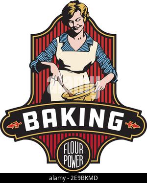 Illustration de l'insigne de cuisson de style vintage avec cadre et bannière décoratifs et l'expression « pouvoir de la farine ». Dessin vectoriel rétro du mélange de boulanger dans un bol Illustration de Vecteur