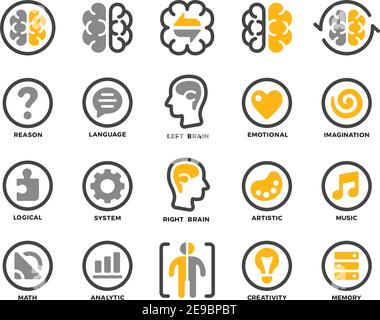 gauche et droite du cerveau, hémisphères avec jeu d'icônes de concept de fonction, vecteur et l'illustration Illustration de Vecteur