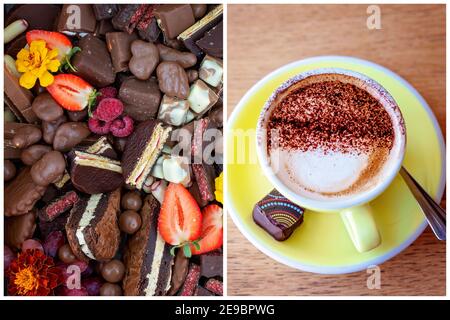 Collage de café et chocolats, délicieux gâteries que nous aimons tous Banque D'Images