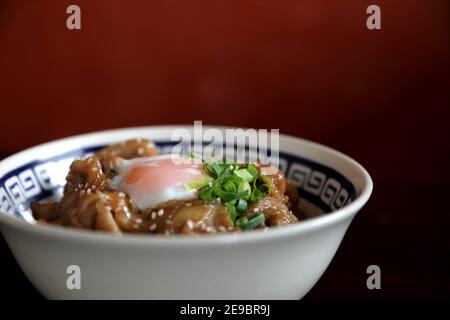 bol de riz au porc avec œuf sur bois, cuisine japonaise locale boutadon alimentaire Banque D'Images