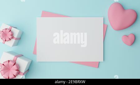 Le papier blanc vierge est placé sur du papier rose à coeur rose et fermer la boîte cadeau blanche avec ruban rose sur fond cyan. Concept de la Saint-Valentin Banque D'Images