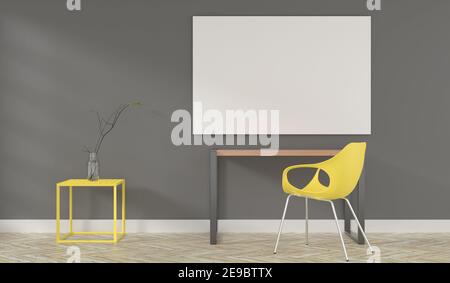 Salle de bureau moderne et puristique avec maquette vierge affiche sur un mur gris Banque D'Images