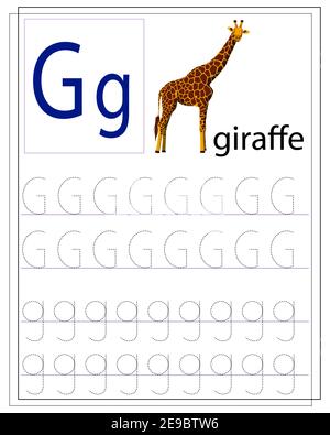 Une feuille de travail pour les enfants avec la lettre G pour apprendre l'alphabet anglais. Illustration de Vecteur