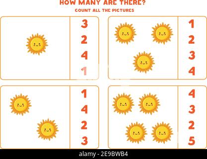 Comptez toutes les photos de Sun Star et inscrivez le bon nombre dans la boîte. Jeu de comptage pour enfants. Illustration de Vecteur