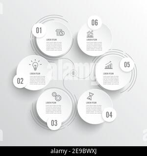 Modèle d'infographie vectoriel avec étiquette papier 3D, cercles intégrés. Concept d'entreprise avec 6 options. Pour le contenu, le diagramme, l'organigramme, les étapes, les pièces. Illustration de Vecteur