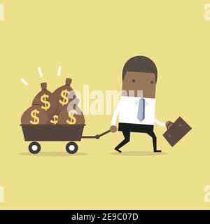 Homme d'affaires africain marchant avec un chariot plein de sacs d'argent. Illustration de Vecteur